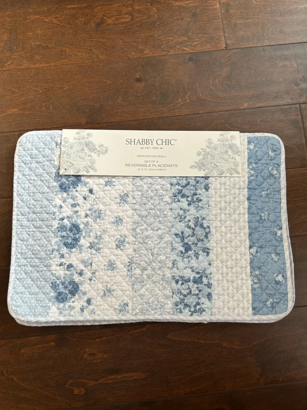 Shabby Chic 4 Scalloped Quilted Blue White Placemats New Floral Striped